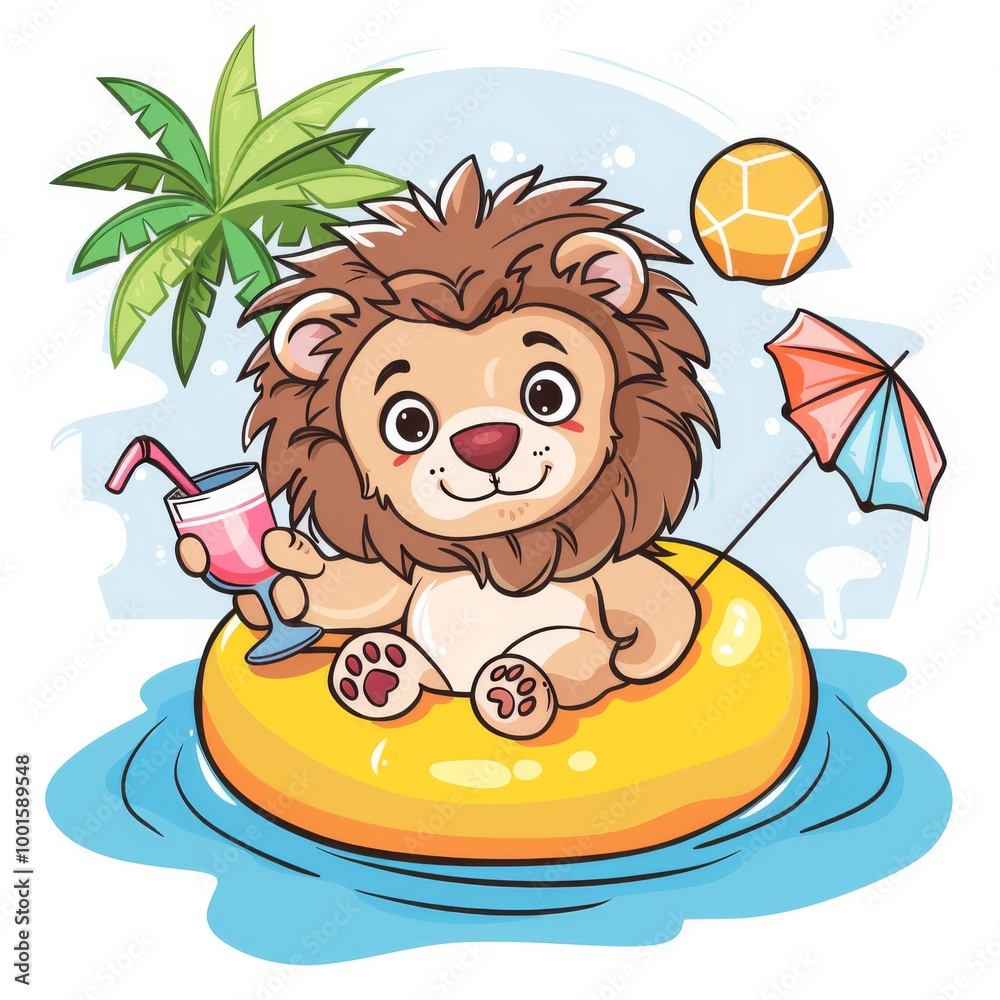 Naklejka premium Cute lion Chill On Swimming Tires With Juice Cartoon Vector Icon Illustration