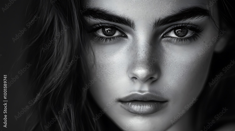 Black and white portrait of a woman with intense gaze. Close up of female model with dark hair and big eyes. Black and white portrait of a woman with intense gaze. Close up of female model with dark hair and big eyes.
