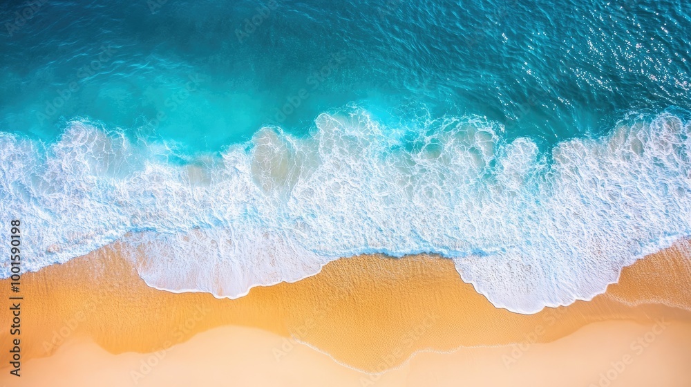 Top view of vibrant blue ocean with sunlit waves and a beautiful stretch of golden beach on a sunny day Top view of vibrant blue ocean with sunlit waves and a beautiful stretch of golden beach on a sunny day