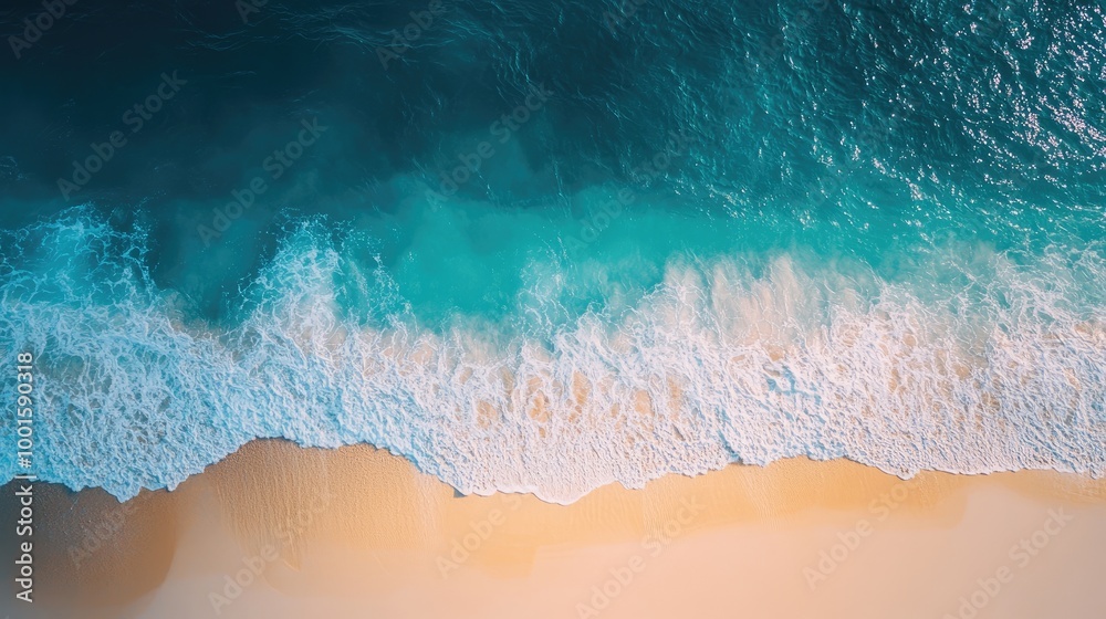 Top-down shot of a crystal-clear blue sea with sunlight sparkling on the waves and a golden sandy beach Top-down shot of a crystal-clear blue sea with sunlight sparkling on the waves and a golden sandy beach