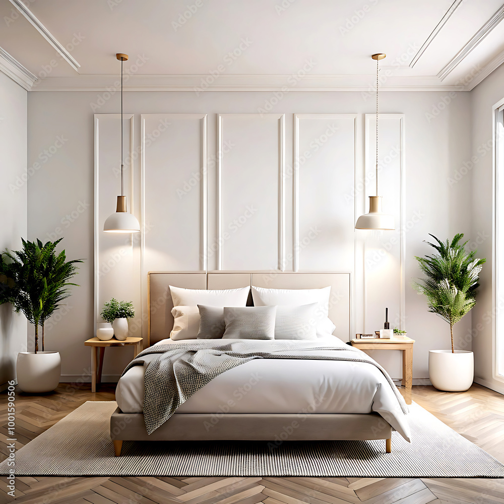 Home mockup, white cozy bedroom interior with double bed and white blank wall, 3d render Home mockup, white cozy bedroom interior with double bed and white blank wall, 3d render