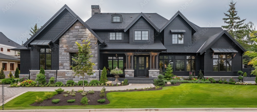 A sophisticated craftsman-style home in charcoal black, featuring elegant stonework and a neat front yard. A sophisticated craftsman-style home in charcoal black, featuring elegant stonework and a neat front yard.
