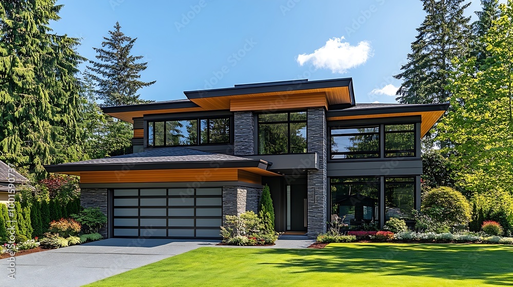 Naklejka premium Modern house with garage and green lawn exterior view : Generative AI