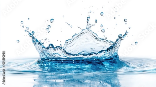 Vibrant blue water splash captured mid-air, isolated on a clean white background, showing dynamic motion and crystal-clear droplets