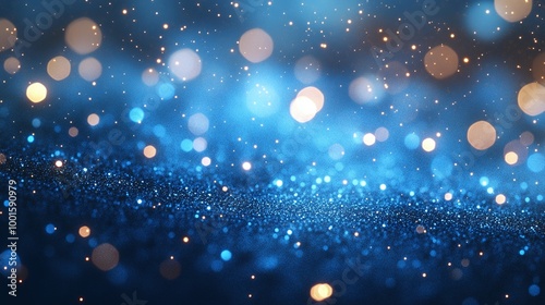 glowing soft blue bokeh background with abstract 3D rendering of bright light glitter sparkles, creating an elegant and shimmering visual design