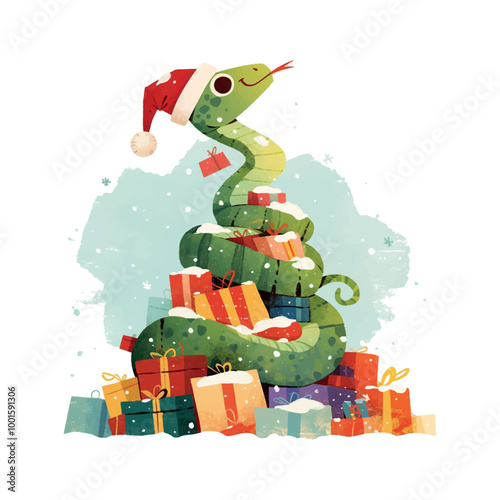 A green snake is wearing a Santa hat and is sitting on a Christmas tree. The tree is filled with presents, and the snake is surrounded by them
