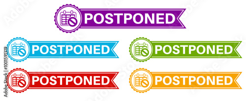 postponed sticker sign set. reschedule information label symbol template vector illustration