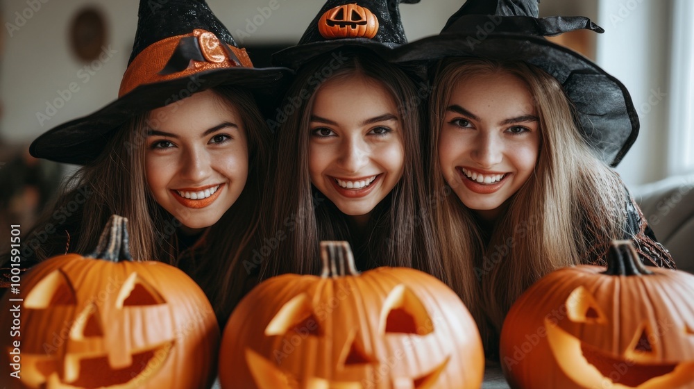 Fototapeta premium Halloween Celebrations with Witches and Pumpkins in an Autumn Forest Setting
