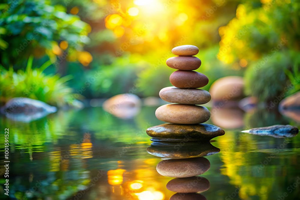 Obraz premium A stack of rocks is on top of a body of water. The water is calm and the rocks are arranged in a pyramid shape. The scene is peaceful and serene, with the rocks reflecting the sunlight on the water