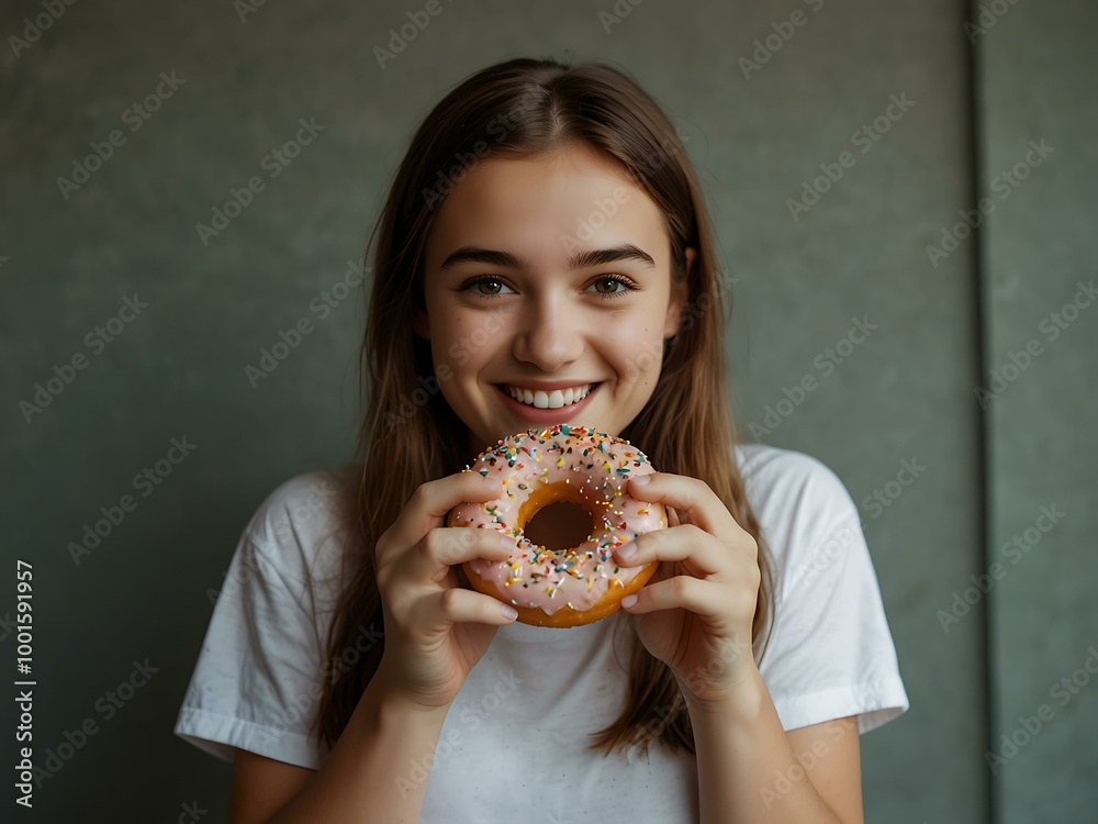 Girl holding a donut and smiling. Girl holding a donut and smiling.