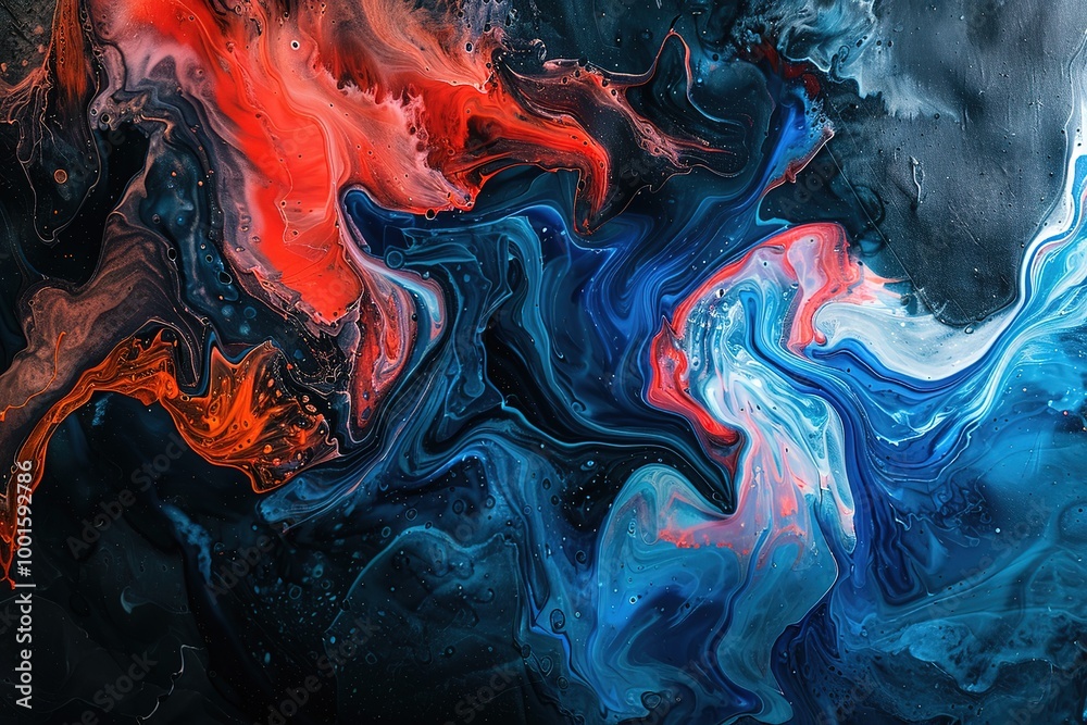 Abstract artistic expression of blue and red acrylic colors mixing in water, creating an ink blot pattern on a dark background Abstract artistic expression of blue and red acrylic colors mixing in water, creating an ink blot pattern on a dark background