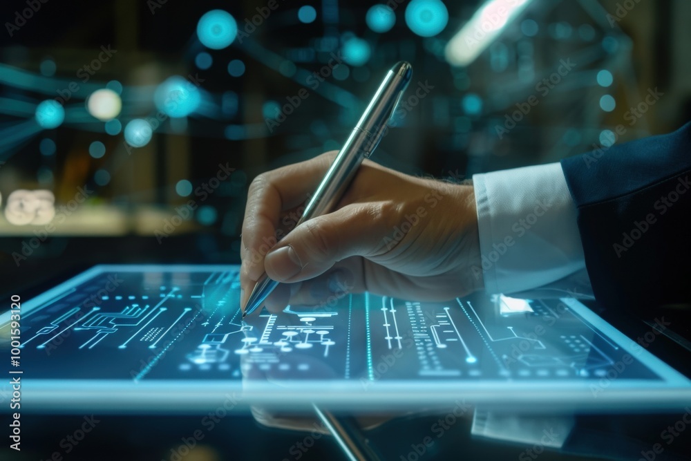A person is writing on a tablet with a pen, generative ai image A person is writing on a tablet with a pen, generative ai image
