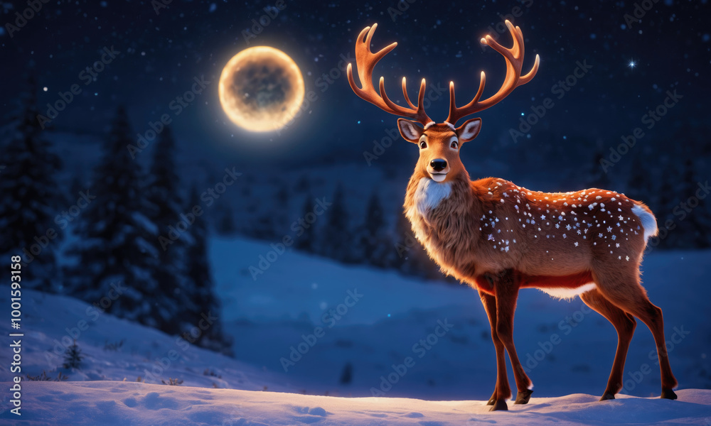 A deer stands in a snowy field under a full moon at night A deer stands in a snowy field under a full moon at night