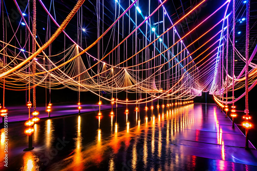 A long, colorful bridge with lights hanging from it. The lights are bright and colorful, creating a festive atmosphere. The bridge appears to be a part of an art installation or a performance space