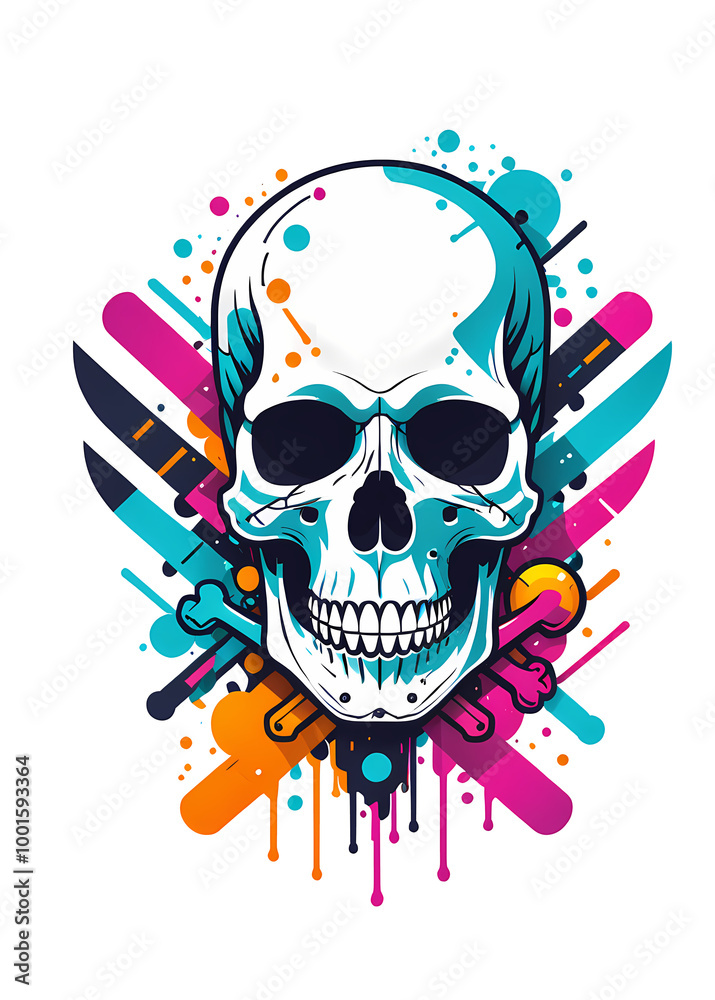 Fototapeta premium Colorful Skull and Bones with Abstract Splash Background Clipart