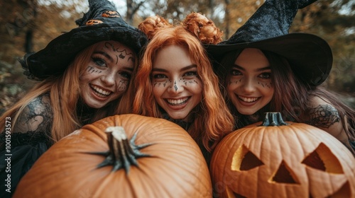 Halloween Celebrations with Witches and Pumpkins in an Autumn Forest Setting