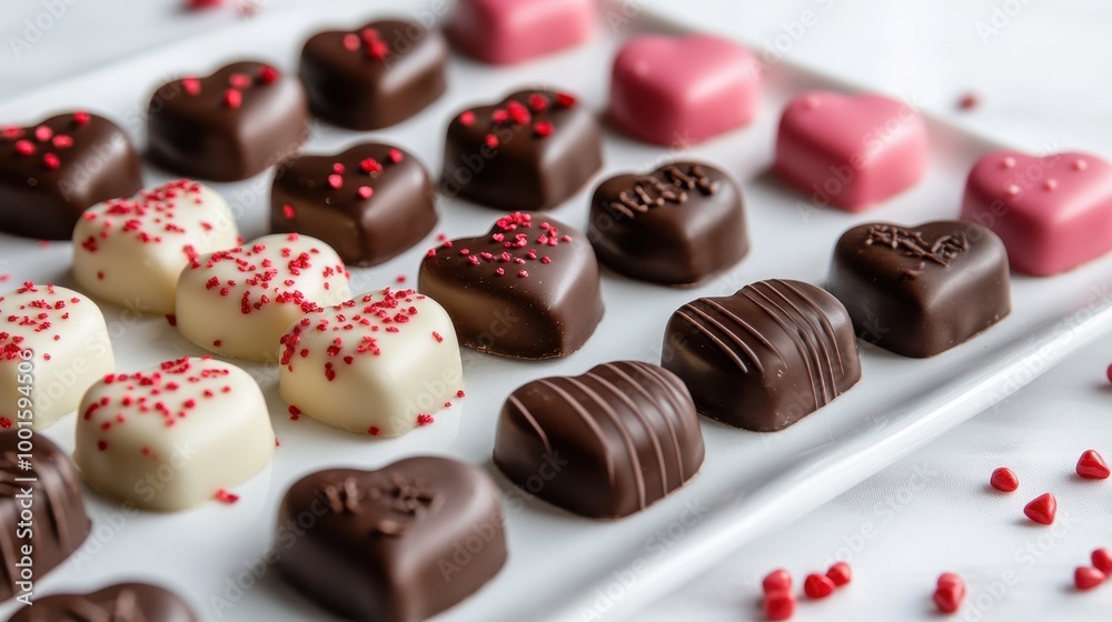 Close-up view of heart-shaped chocolates decorated with colorful sprinkles, ideal for dessert Close-up view of heart-shaped chocolates decorated with colorful sprinkles, ideal for dessert