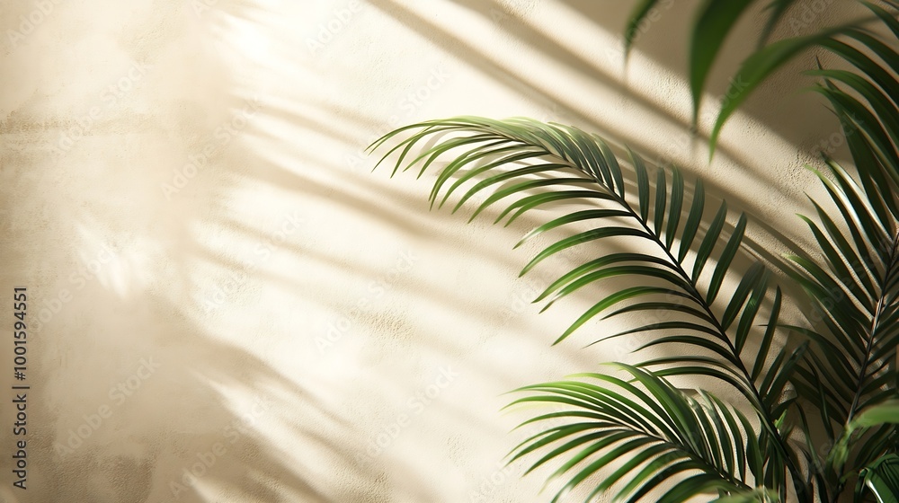 Fototapeta premium Minimal product placement background with palm shadow on beige plaster wall Luxury summer architecture interior aesthetic Boho home room for product platform stage mockup : Generative AI