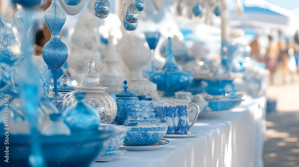 Blue and white porcelain teacups and teapot on a white table cloth at a market Blue and white porcelain teacups and teapot on a white table cloth at a market