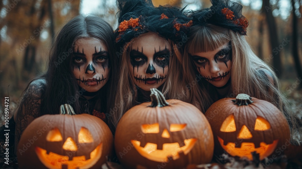 Fototapeta premium Halloween Celebrations with Witches and Pumpkins in an Autumn Forest Setting