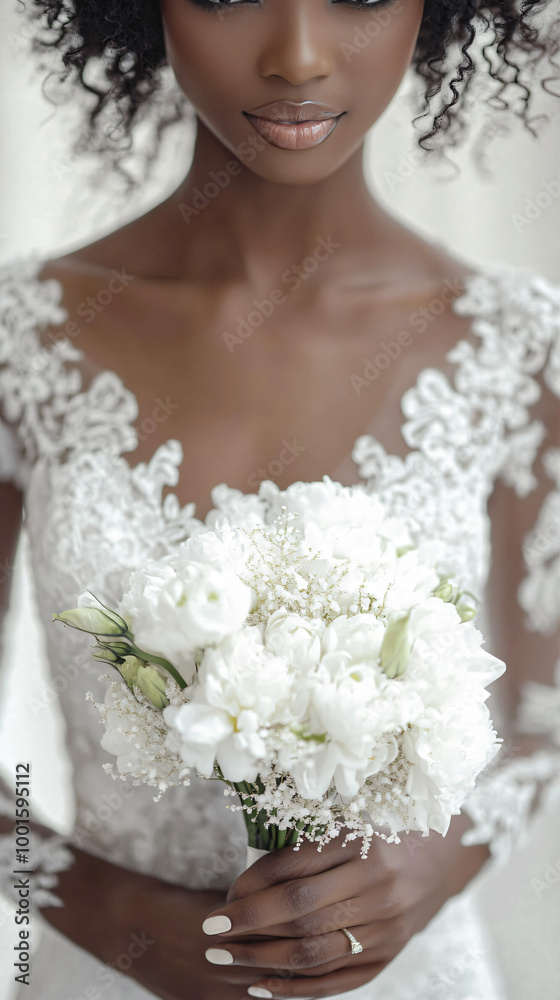 Naklejka premium Elegant bride holding a bouquet of white flowers is posing in her white lace wedding dress