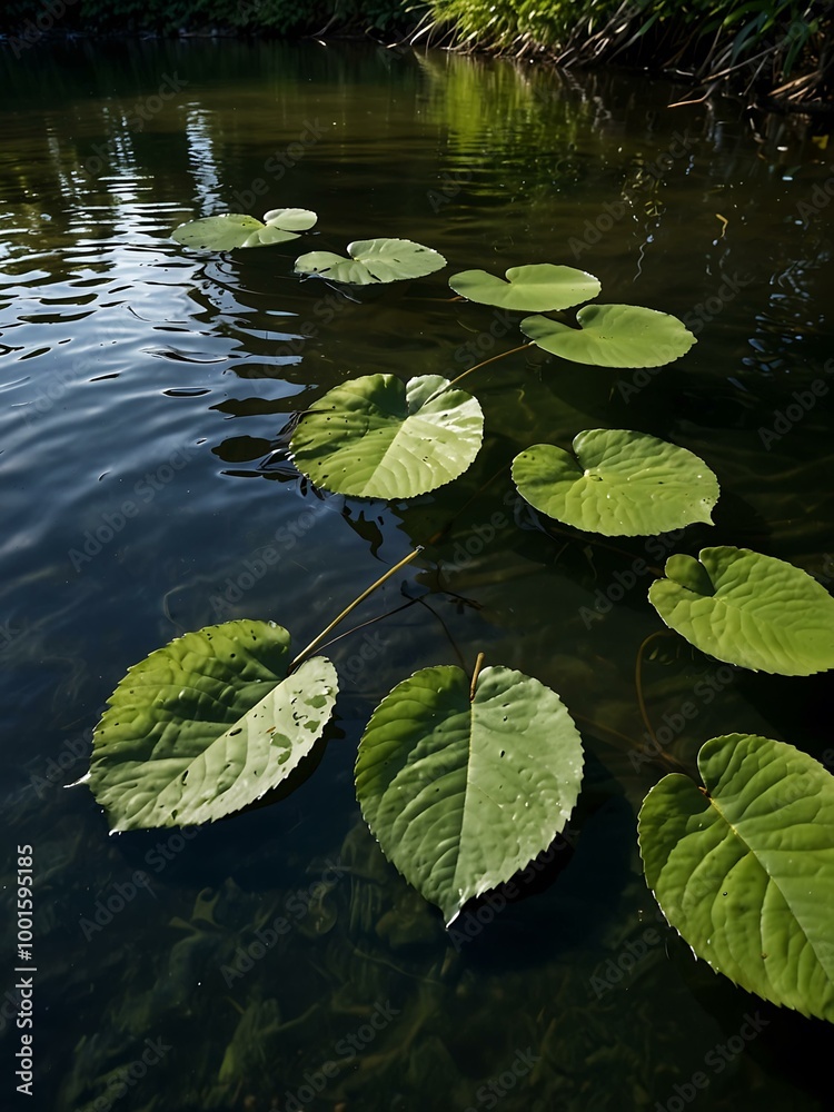 Green leaves casting shadows on rippling water for a peaceful scene. Green leaves casting shadows on rippling water for a peaceful scene.