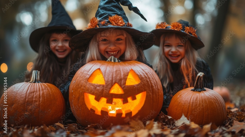 Fototapeta premium Halloween Celebrations with Witches and Pumpkins in an Autumn Forest Setting