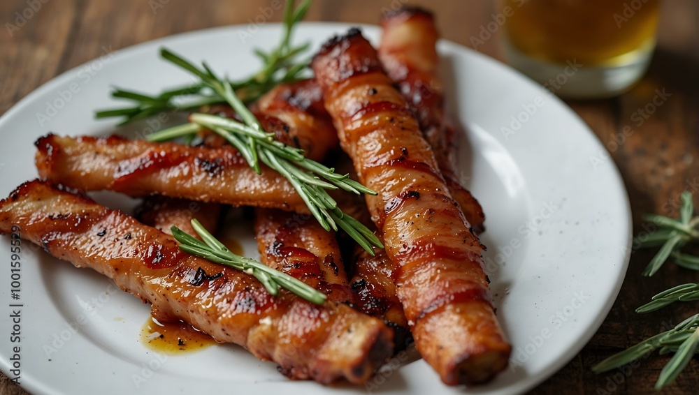 Grilled bacon strips garnished with rosemary on a white plate. Grilled bacon strips garnished with rosemary on a white plate.