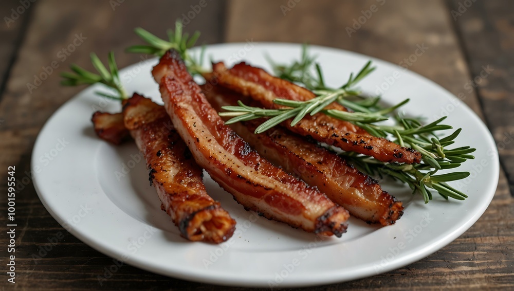 Grilled bacon strips garnished with rosemary on a white plate. Grilled bacon strips garnished with rosemary on a white plate.