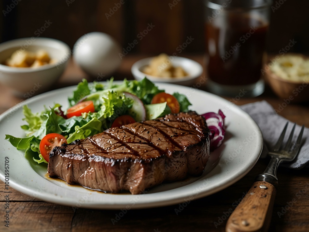 Grilled steak served with a salad. Grilled steak served with a salad.