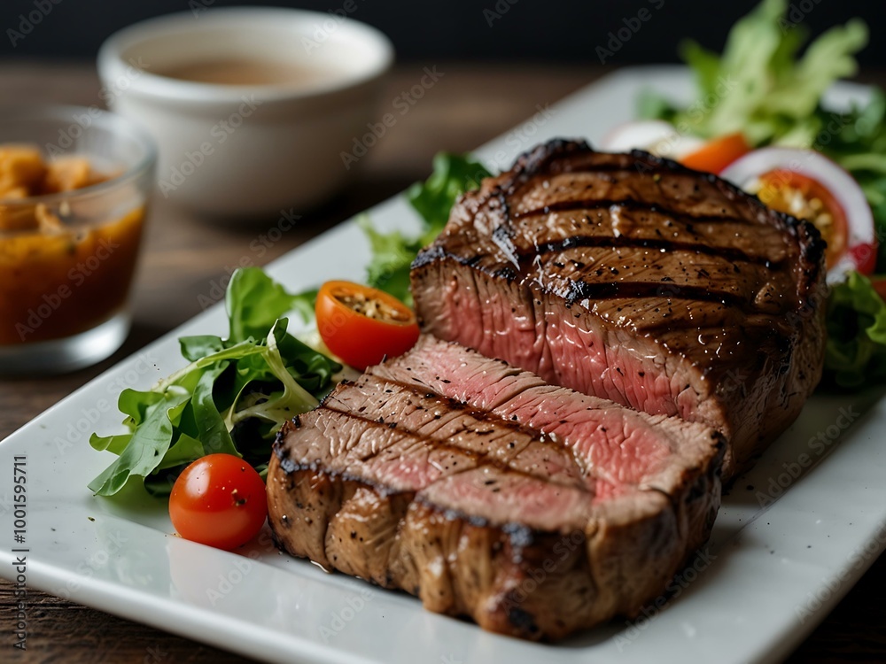 Grilled steak served with a salad. Grilled steak served with a salad.