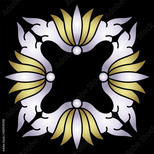 Rectangular decorative element with floral motifs. Folk style. Black, gold and white geometrical ornament.