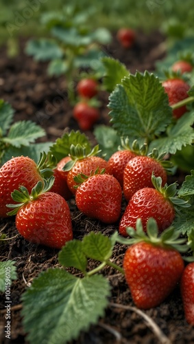 Group of strawberries growing in a field.