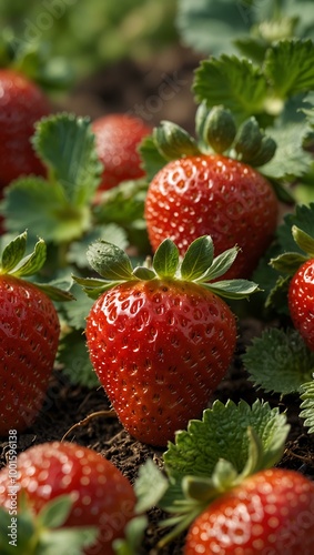 Group of strawberries growing in a field.