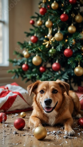 Guilty dog near a toppled Christmas tree and shattered baubles.