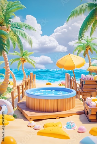 Hot Tub on Tropical Beach with Palm Trees, Blue Sky and Yellow Umbrella