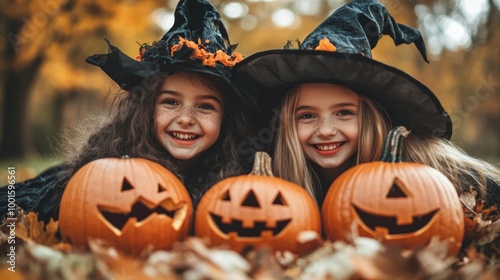 Halloween Celebrations with Witches and Pumpkins in an Autumn Forest Setting