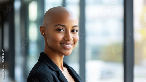 Free Download Confident woman with a shaved head smiling in a modern office - GFXLoad