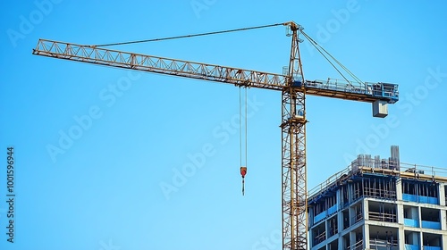 A crane and a building under construction against a blue sky background Builders work on large construction sites Building a house is not necessary for new highrise buildings : Generative AI