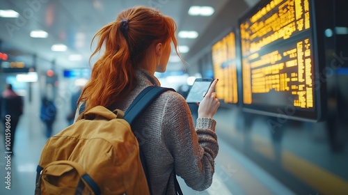 Young redhead woman with backpack pointing finger on train timetable on a railway station 30s female with smart phone Looking at Arrival and Departure Information Display Traveler : Generative AI
