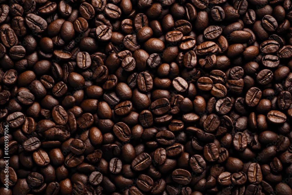 Obraz premium Overhead view of backdrop representing halves of dark brown coffee beans with pleasant scent