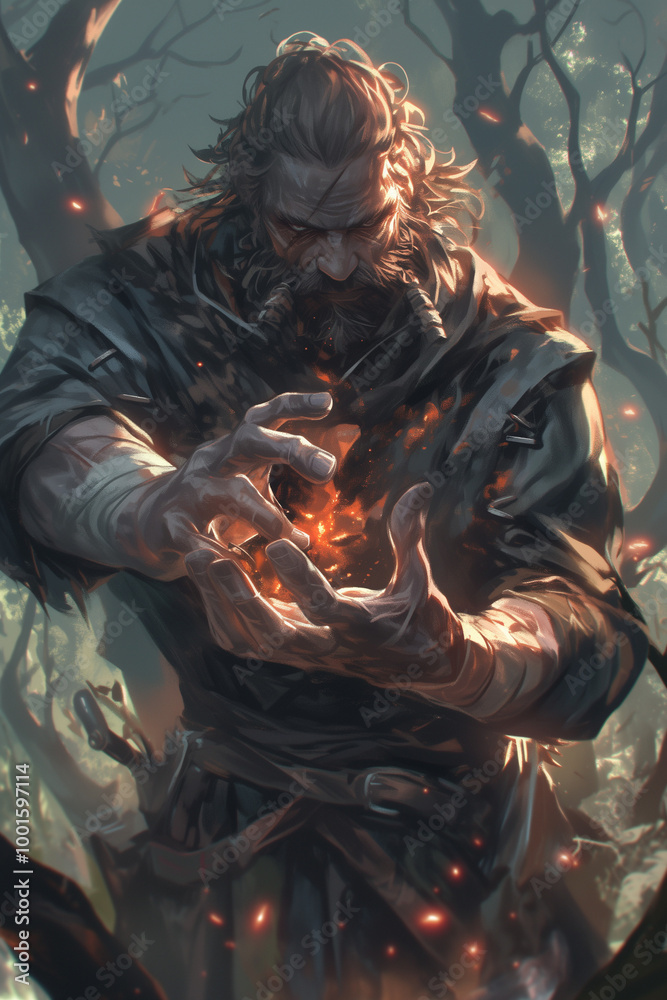 Fototapeta premium male barbarian conjuring fire magic in a mystical wooded area