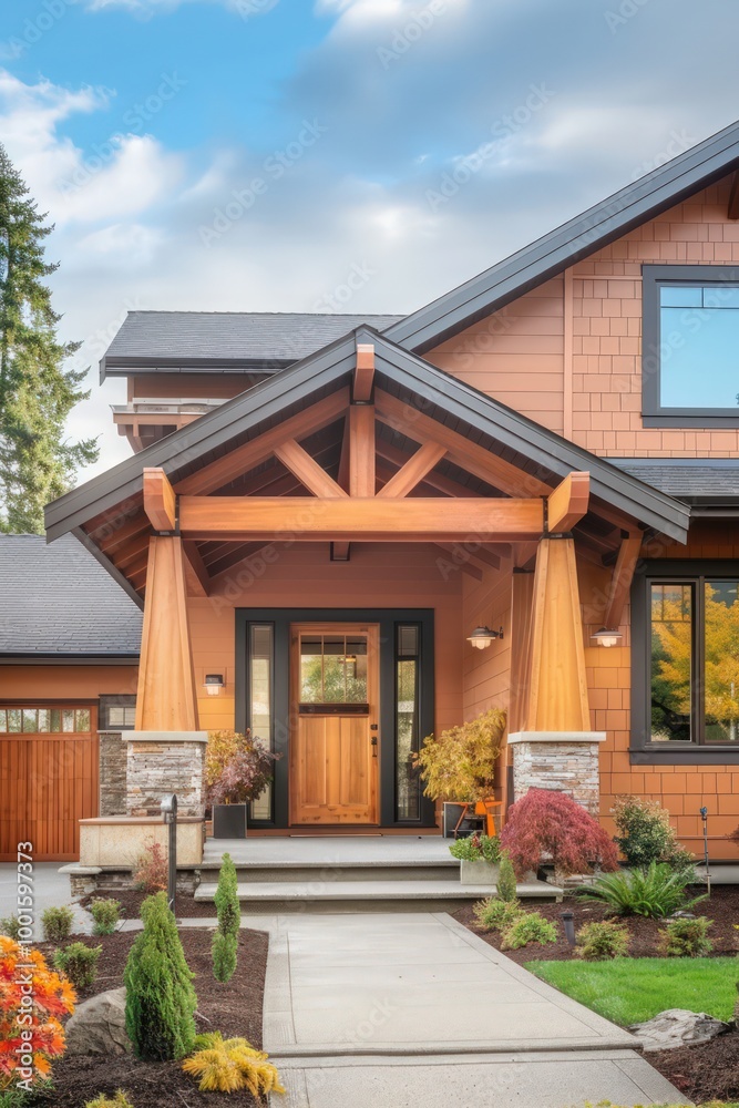 A modern craftsman home in rich cinnamon, with sleek wooden beams and a welcoming front porch. A modern craftsman home in rich cinnamon, with sleek wooden beams and a welcoming front porch.