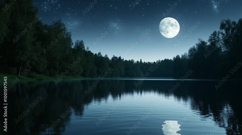 Serene Evening with Bright Full Moon and Starry Sky Serene Evening with Bright Full Moon and Starry Sky