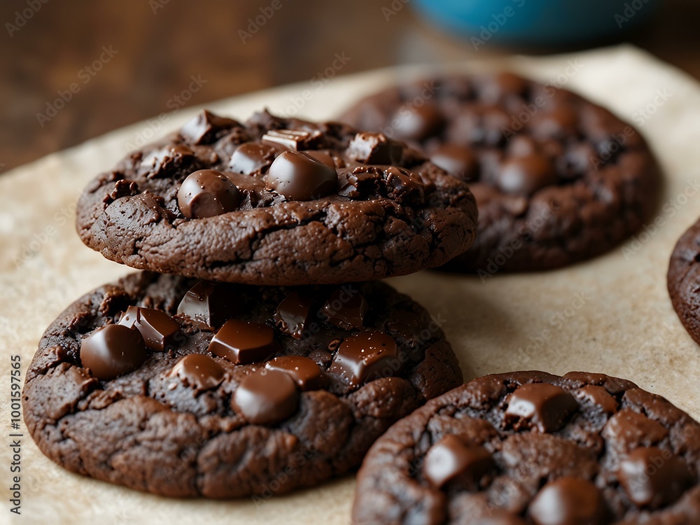 Freshly baked double chocolate chip cookies close-up. Freshly baked double chocolate chip cookies close-up.