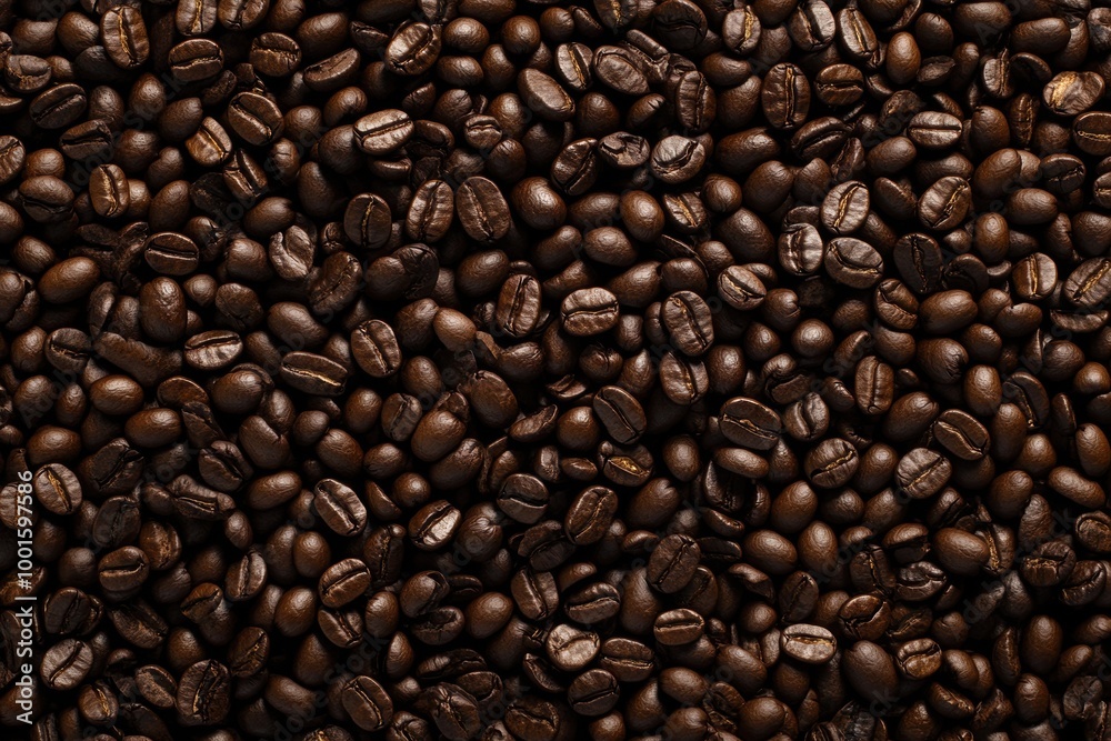 Fototapeta premium Overhead view of backdrop representing halves of dark brown coffee beans with pleasant scent