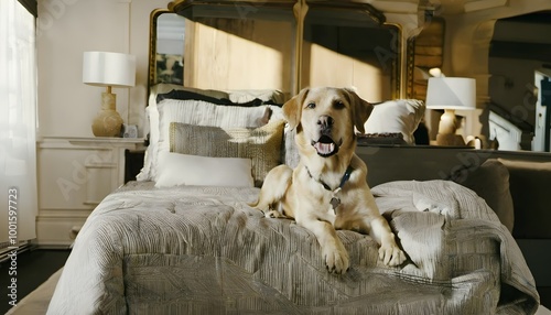 A close up of a cute dog sitting on a Bed