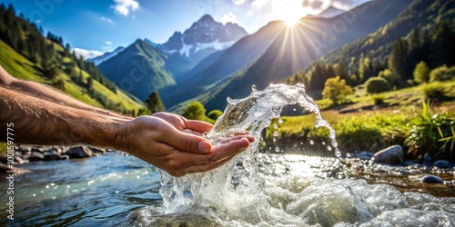 Primer plano de una cascada natural con agua fluyendo en manos de un hombre, refresco puro y saludable en un entorno natural al aire libre. photo