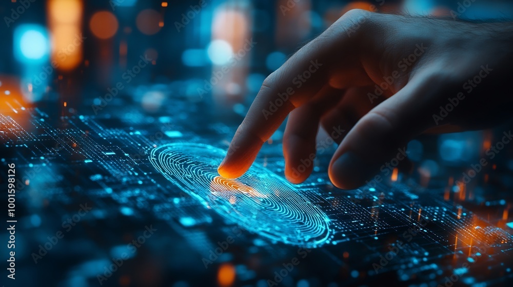 Close up of businessman hand pointing at abstract glowing id fingerprint web protection and security interface on blurry blue bokeh city background with mock up placeDouble exposure : Generative AI Close up of businessman hand pointing at abstract glowing id fingerprint web protection and security interface on blurry blue bokeh city background with mock up placeDouble exposure : Generative AI