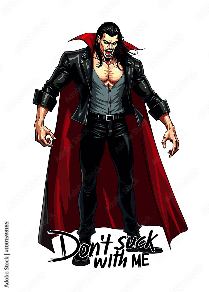 Scary attractive vampire with sharp fangs and claws, wearing suit and red cape, with funny wordplay text DON'T SUCK WITH ME written below. Stylized comic book poster.
Scary attractive vampire with sharp fangs and claws, wearing suit and red cape, with funny wordplay text DON'T SUCK WITH ME written below. Stylized comic book poster.